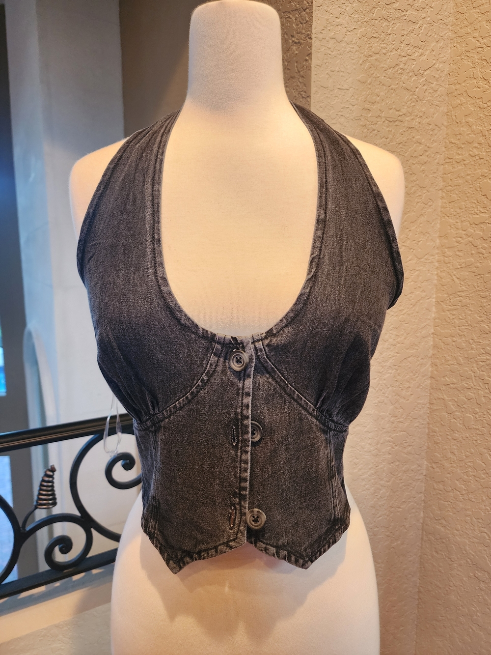 Women's Washed Black Halter Denim Crop Camisole
